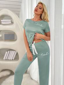 Women's Heart & Letter Printed Short Sleeve Long Pants Pajama Set - Mint Green - View 4
