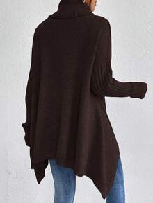 EMERY ROSE Solid Color High Neck Asymmetric Hem Casual Long Sleeve Pullover Sweater - Coffee Brown - View 2