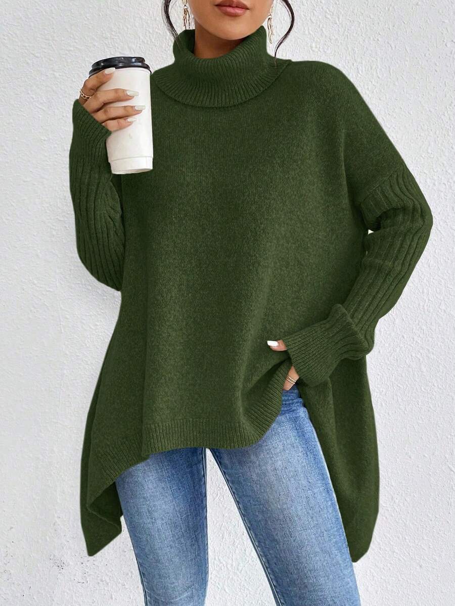 EMERY ROSE Women's Solid Color High Neck Dropped Shoulder Long Sleeve Asymmetric Hem Casual Pullover Sweater, Autumn/Winter - Army Green - View 1