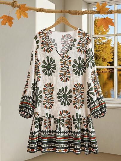 EMERY ROSE 大码复古花卉印花休闲连衣裙