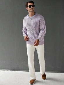 Manfinity Homme Pull col rond à tricot torsadé décontracté pour hommes, automne/hiver