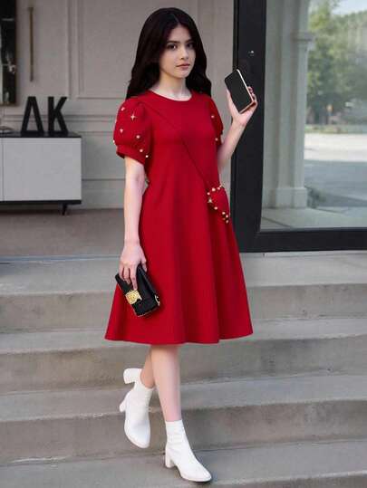 SHEIN Vestido de niña preadolescente de unicolor con mangas abullonadas acanaladas y bolso monedero adjunto