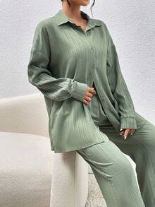 EMERY ROSE 秋季新款纹理面料休闲落肩开衩衬衫搭配实用侧袋阔腿裤女装两件套 - 綠色 - 查看 5