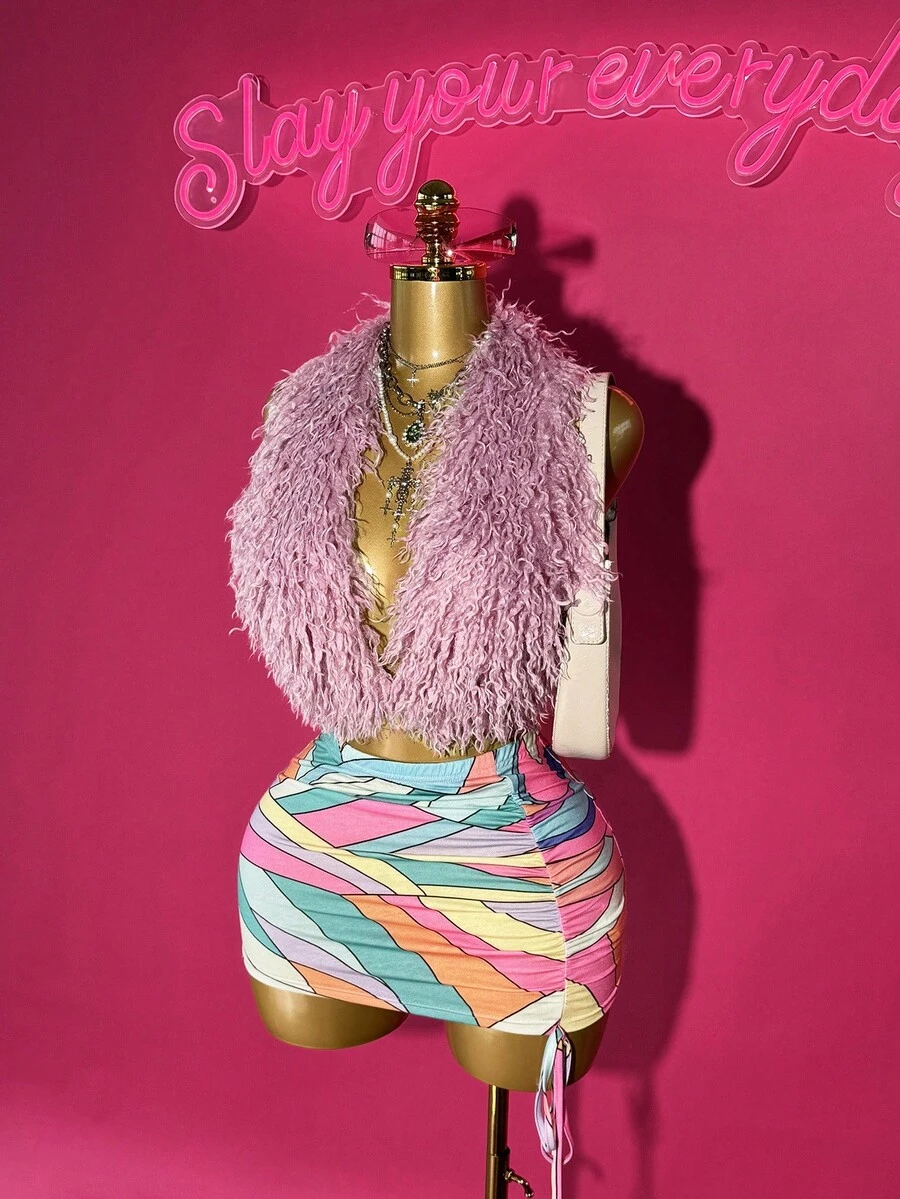 Slaydiva 2025 Summer New Arrival Halter Fuzzy Crop Top & Colorblock Striped Print Asymmetric Hem Skirt 2 Pieces Set, Suitable For Birthday Party, Banquet, Campus Style, Daily Wear, Cruise Travel, Fashionable, Elegant, Commuting, Business Casual - Multicolor - View 1