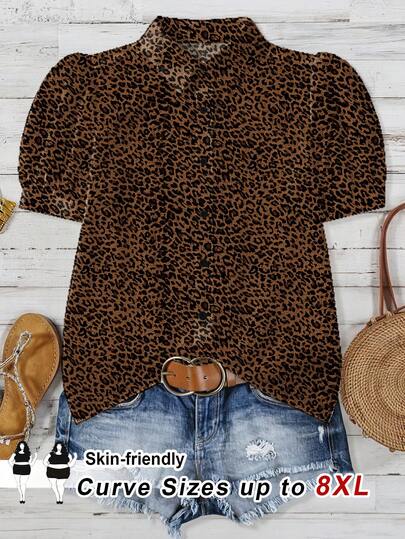 SHEIN CURVE+ Plus Size Women Casual Leopard Print Puff Sleeve Shirt Chic Blouses For Women/Autumn /Winter