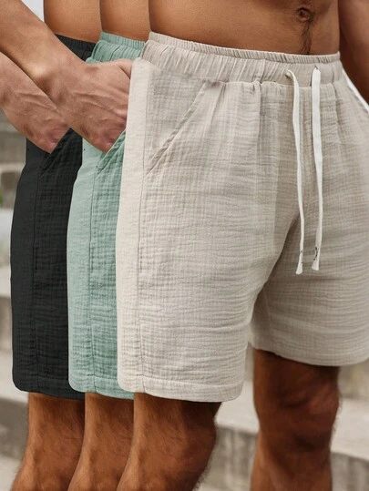 Manfinity RSRT 3pcs/Set Plus Size Men's Casual Solid Color Drawstring Waist Loose Pockets Cotton Shorts, Suitable For Summer Daily Wear