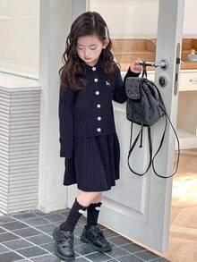 Dazy Kids Young Girl Casual Versatile Cardigan & Knit Skirt Set - Navy Blue - View 1