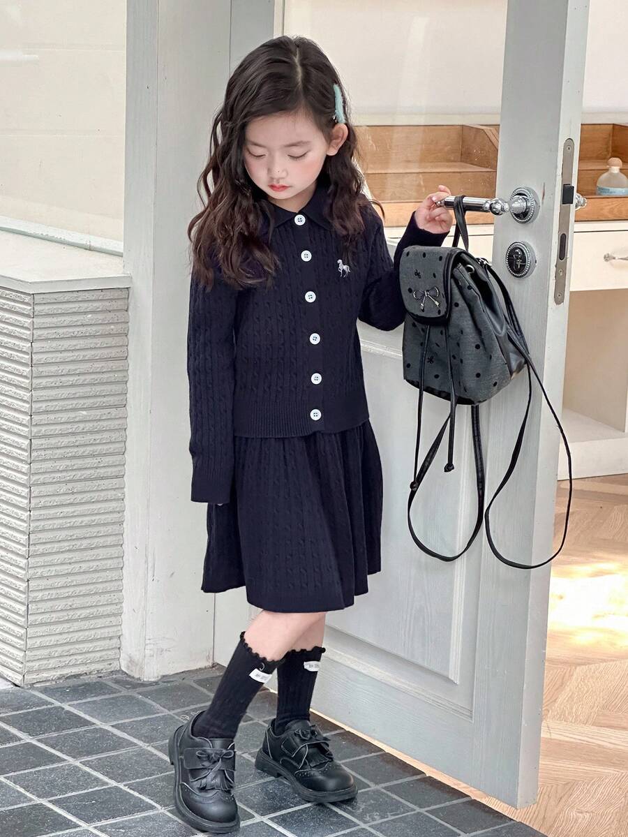 Dazy Kids Young Girl Casual Versatile Cardigan & Knit Skirt Set - Navy Blue - View 1