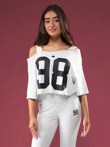 SUMWON 女童露肩学院风数字印花套装喇叭裤时尚休闲街头风日常秋冬两件套 - 淺灰色 - 查看 3