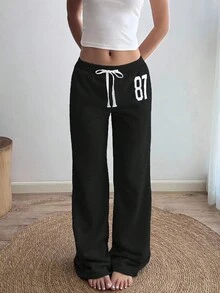 Sunnyshic Grey 87 Embroidered Low Waist Ribbed Contrast Color Drawstring Tie Slant Pocket Straight Leg Loose Casual Sweatpants, Suitable For Home, Daily, Street, Vintage Sports, Minimalist Design, Spring/Summer For Women Fall Cloth For Women - Black - View 4