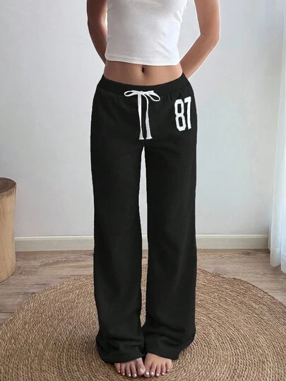 Sunnyshic Grey 87 Embroidered Low Waist Ribbed Contrast Color Drawstring Tie Slant Pocket Straight Leg Loose Casual Sweatpants, Suitable For Home, Daily, Street, Vintage Sports, Minimalist Design, Spring/Summer For Women Fall Cloth For Women