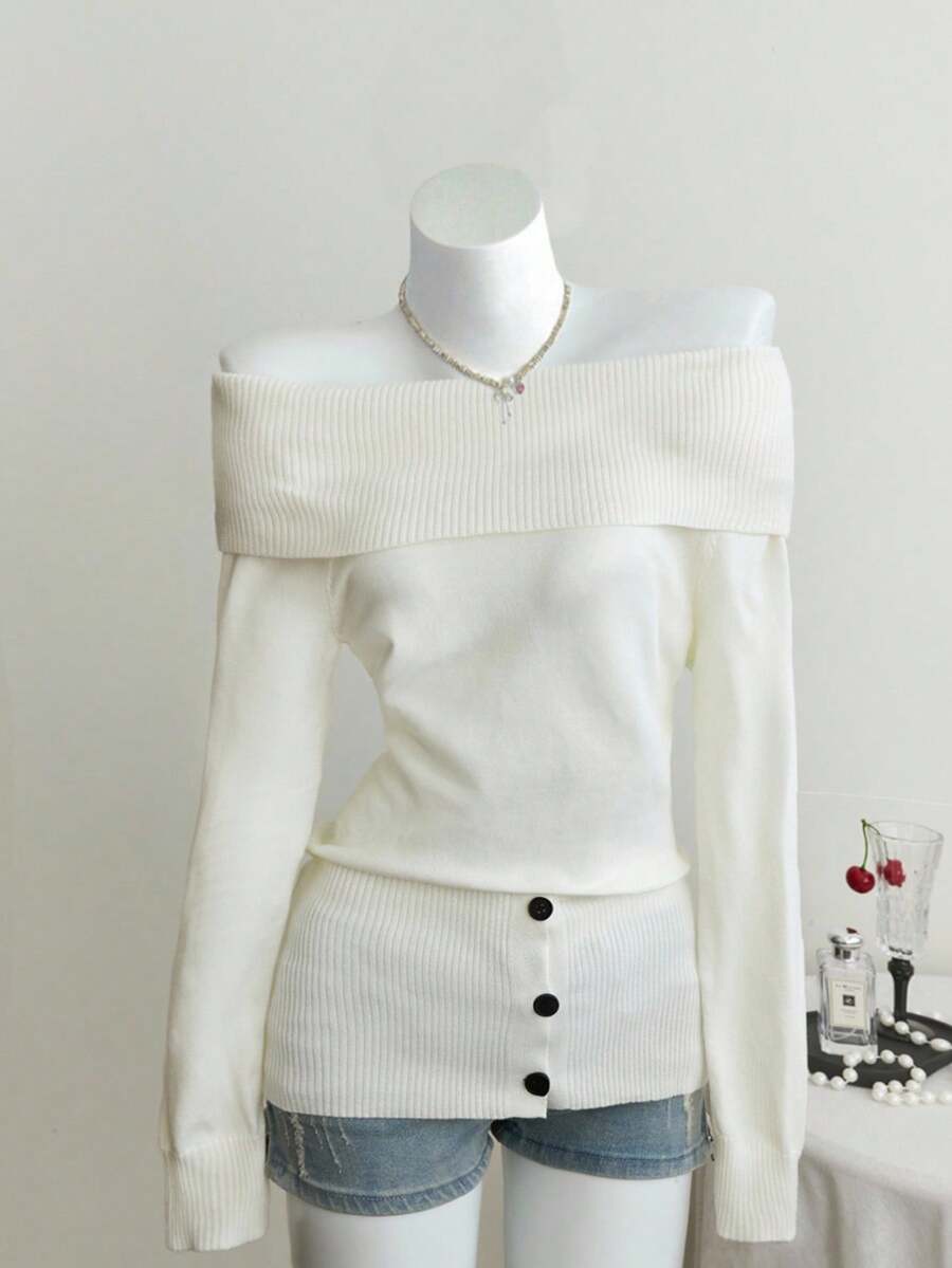 SHEIN Unity Fashionable Minimalist Off Shoulder Basic Design Women Sweater, Everyday Wear - White - View 1