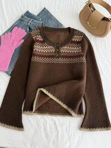 SHEIN EZwear Vintage Pattern Plus Size U-Neck Button Flare Sleeve Sweater, Suitable For Autumn/Winter