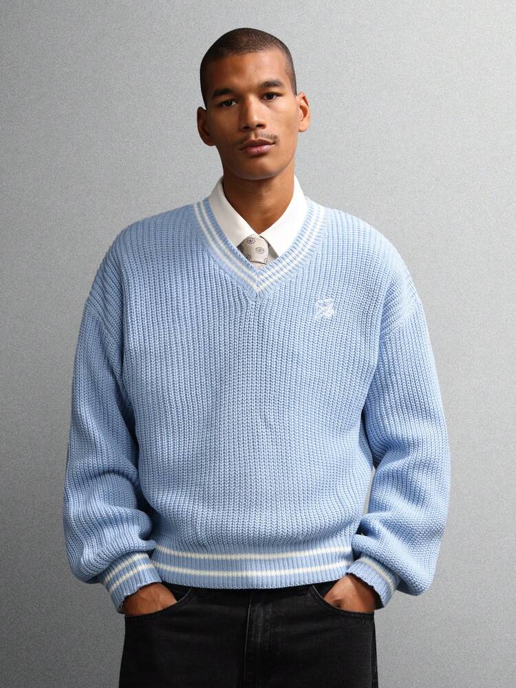 V Neck Knit Jumper With Ribbed Trim And Logo