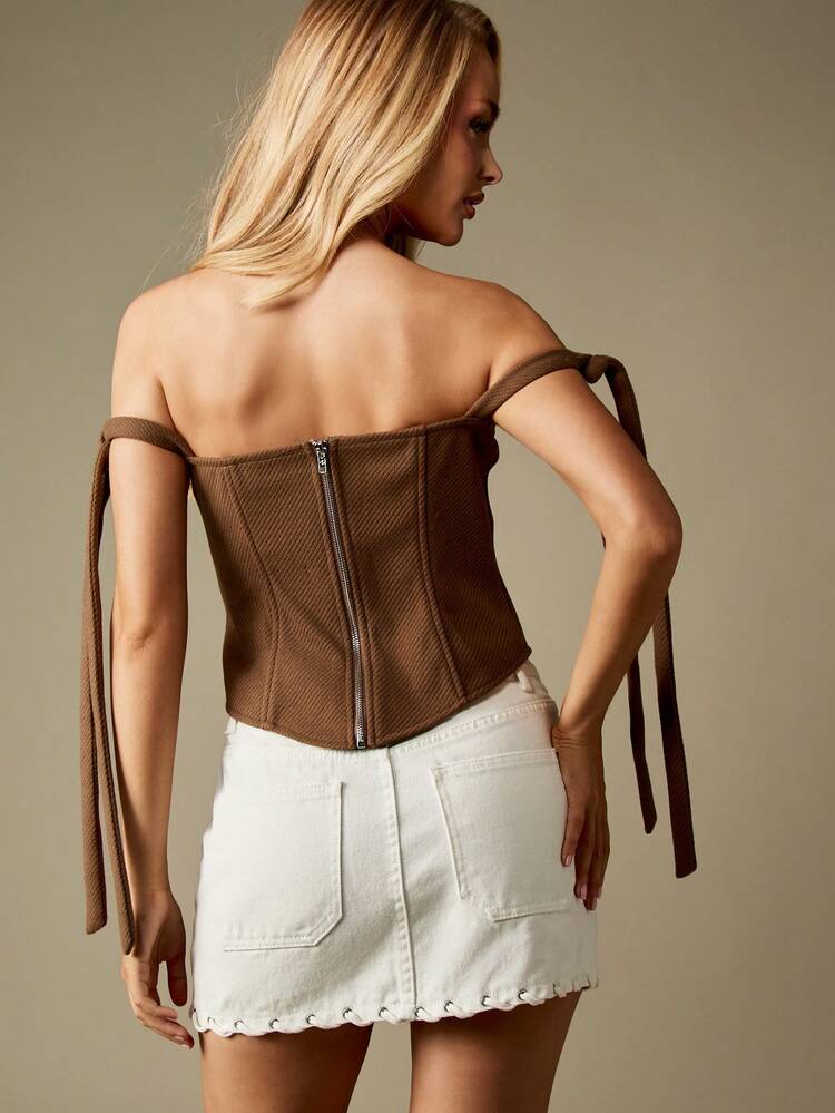 MISSGUIDED Off Shoulder Corset Top With Tie Detail Ribbed Bustier Strapless Sweetheart Neckline