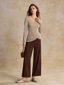 House of One Glittery Knit Round Neck Long Sleeves Top With Metal Buckle Deco Women Autumn Elegant Wear - Khaki - View 1