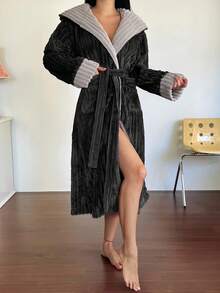 DAZY Women's Striped Textured Fleece Color Block Hooded Long Robe, Winter Loungewear, Fall Winter Fluffy Pajama, Cozy Outfit - Dark Grey - View 7