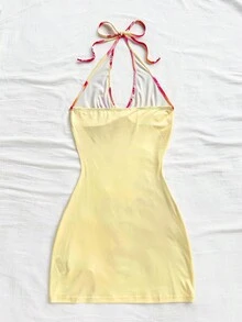 Soleia 女士性感花卉印花露背挂脖迷你连衣裙，夏季 - 黃色 - 查看 2