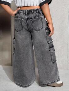 SHEIN 年轻女孩灰色工装口袋宽腿宽松牛仔裤 - 灰色 - 查看 7