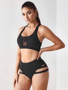 Menodora SHEIN Sport Women's Shiny Mesh Patchwork Sports Bra And Hollow Out Design Briefs Set Glow Mode Active Wear Sports Bras - Black - View 3