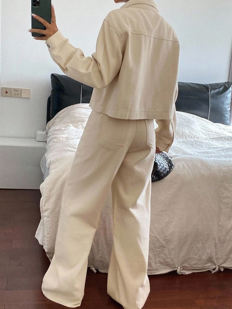 Women's Turndown Collar Washed Korean Style Denim Shirt And Loose Fit Jeans Set