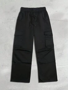 Manfinity Homme 秋季大码男士纯色抽绳腰带口袋褶皱休闲裤 - 黑色 - 查看 7