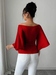 Elenzga Elegant Off Shoulder Bell Sleeve Solid Color T-Shirt For Women, Suitable For Commuting - Red - View 2