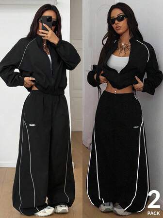 Coolane Women's Fall/Winter Streetwear Athleisure Cargo Going Out Casual Corta Vento Reflective Lapel Coat And Parachute Pants Cargo Pants,2pcs Y2k