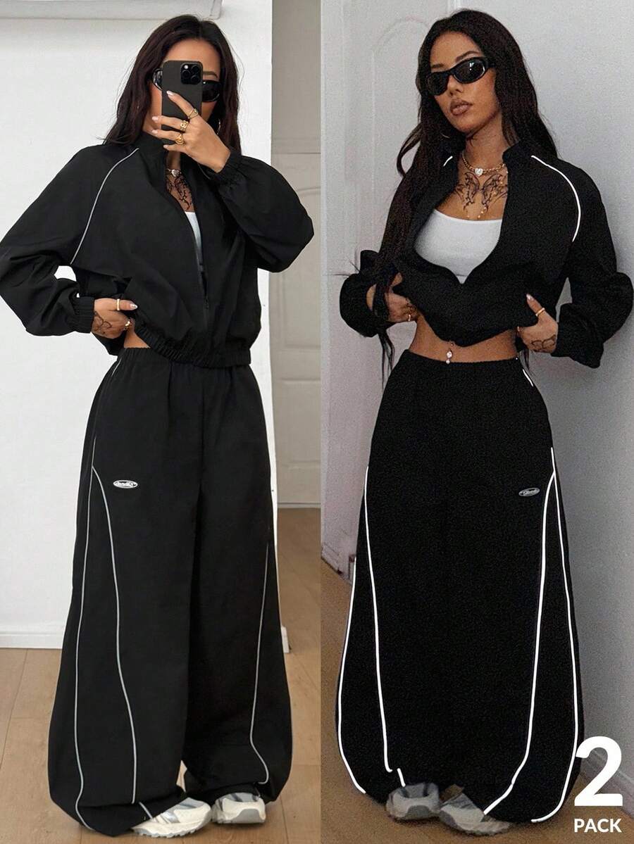 Coolane Women's Fall/Winter Streetwear Athleisure Cargo Going Out Casual Corta Vento Reflective Lapel Coat And Parachute Pants Cargo Pants,2pcs Y2k - Black - View 1