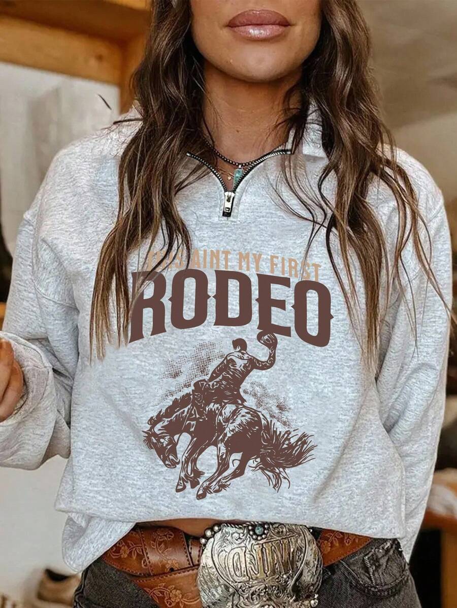 SHEIN LUNE 度假春季女装牛仔印花卫衣 - 淺灰色 - 查看 1