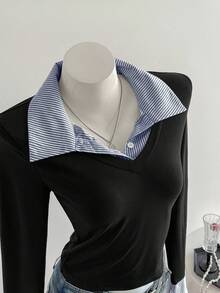 Sweetra 1pc Women's Striped Splice Asymmetrical Hem Tight Long Sleeve T-Shirt, 2 In 1 Shirt Collar, Fashion Casual Street Style, Autumn/Winter Graphic Tees Women Tops For Spring