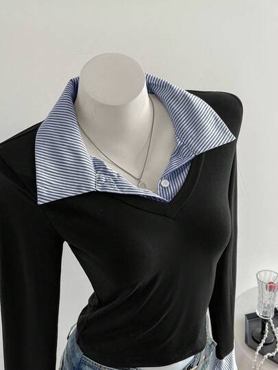 Sweetra 1pc Women's Striped Splice Asymmetrical Hem Tight Long Sleeve T-Shirt, 2 In 1 Shirt Collar, Fashion Casual Street Style, Autumn/Winter Graphic Tees Women Tops For Spring