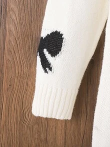 SHEIN Vestido suéter feminino 1 peça, estilo fofo, estampa jacquard com laço preto, gola redonda, manga regular, punho e bainha franzidos, espessura regular, vestido de malha elegante na cor marfim, caimento elegante e elegante, adequado para primavera, outono e inverno