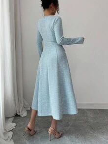 Elenzga 女士蓝绿色纹理面料翻领收腰A字中长连衣裙，饰有金属仿珍珠纽扣，优雅别致的设计，适合教师、约会等场合，长袖收腰中长连衣裙 - 薄荷藍 - 查看 2