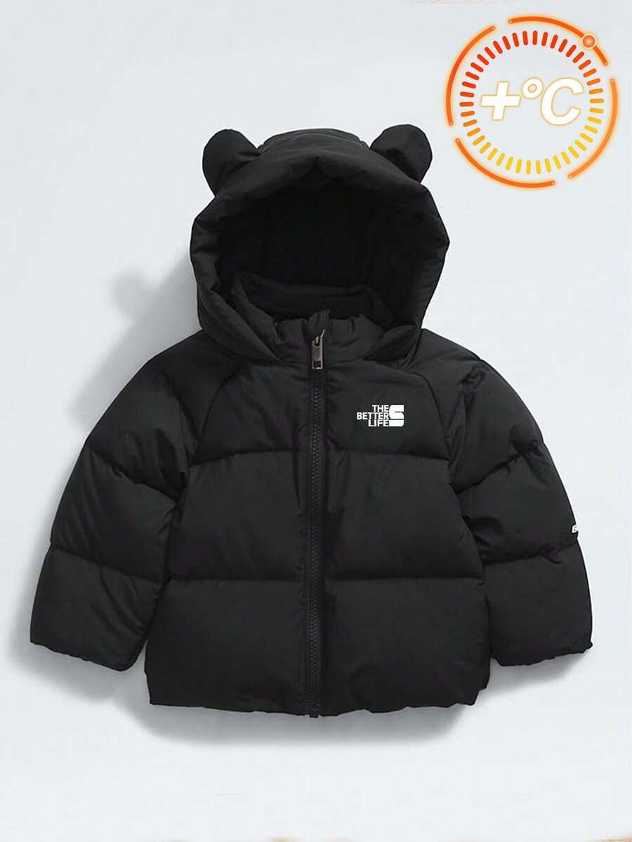 儿童男童休闲舒适百搭厚款可爱 3D 耳朵连帽夹克，适合秋冬季 - 黑色 - 查看 1