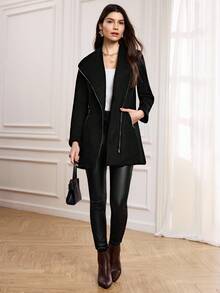 Miaspire Waterfall Collar Zip Up Overcoat - Black - View 5