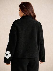 Elaquor 秋冬大码休闲简约街头风格撞色刺绣羊毛女夹克 - 黑色 - 查看 2