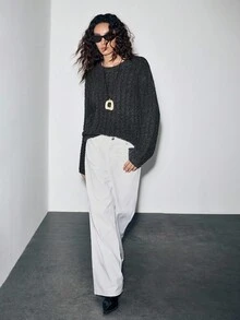 SHEIN LUNE 女士宽松圆领扭纹针织长袖毛衣，秋季休闲女式套头衫 - 深灰色 - 查看 5