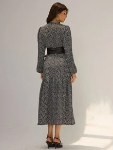Almamuse Rochie elegantă din piele pentru femei, cu imprimeu floral și curea - Alb-negru - Vizualizare 2