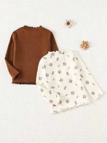 Cozy Pixies 2 件套女婴花卉印花柔软针织荷叶边下摆圆领长袖套头衫上衣套装 - 彩色 - 查看 2