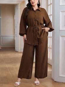 Veilorie 2 件大码女式纯色落肩单排扣上衣和阔腿裤休闲宽松西装 2 件套 - 棕色 - 查看 5