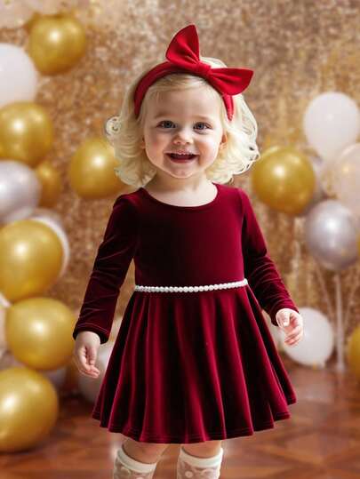 SHEIN Elegant & Cute Velvet Red Long Sleeve Dress For Baby Girl Fall Winter Red, Burgundy Velvet Christmas, Party Ball Dress