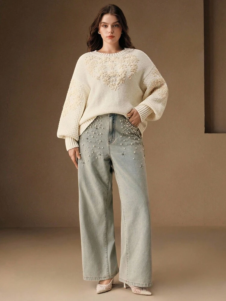 Autumn/Winter Niche Round Neck Sweater, Loose Fit Floral Jacquard Design Long Sleeve Knit Sweater, Plus Size Pullover Sweater, Suitable For Thanksgiving, Christmas, New Year