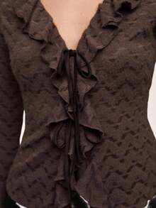 SHEIN BAE Women's Brushed Comfortable See-Through Lace Ruffle Solid Color Long-Sleeved Top,  Brown Top, Date Night S Women, Going Out , Business Casual Woman - Brown - View 3