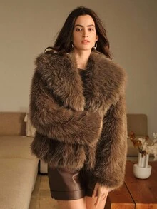 Anewsta 复古仿毛领夹克，秋冬时尚单品 - 棕色 - 查看 10