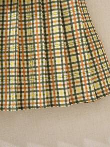 4-7岁女童法式复古风套装，甜美蕾丝领针织开衫+格子百褶裙，仿皮草面料，可爱日常穿搭 - 卡其色 - 查看 7