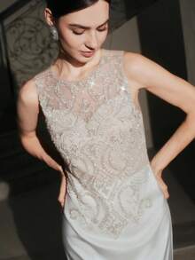 Anewsta 女式新款优雅时尚串珠拼布无袖节日连衣裙