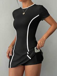 Easithlete Váy thể thao nữ tay ngắn màu trắng ôm vừa vặn tập luyện tennis ngoài trời kèm quần short và túi đựng điện thoại - màu đen - Xem 6