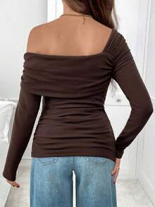 SHEIN Autumn And Winter Maternity Solid Color Ruched Off Shoulder Long Sleeve Fitted T-Shirt With Thermal Lined, Autumn Maternity Top Coffee Brown Top Brown Top Women Brown Long Sleeve Top Dark Brown Top