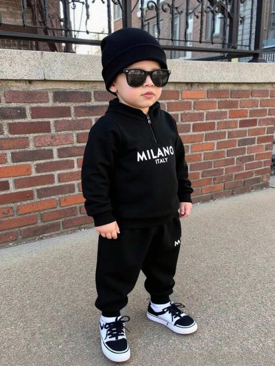 Bubblio Bộ 2 món/Bộ đồ liền thân giữ nhiệt cho bé trai, quần jogger và áo nỉ lót lông, bộ đồ thể thao thoải mái, dễ phối đồ cho mùa thu/đông, thích hợp mặc trong nhà, ngoài trời, mặc hàng ngày, thể thao, vui chơi, tiệc tùng, ngày lễ, bộ đồ thể thao 2 món cho bé mới biết đi, bộ đồ thường ngày cho bé, bộ đồ cho bé mùa thu đông, mặc dạo phố cho trẻ sơ sinh - màu đen - Xem 1